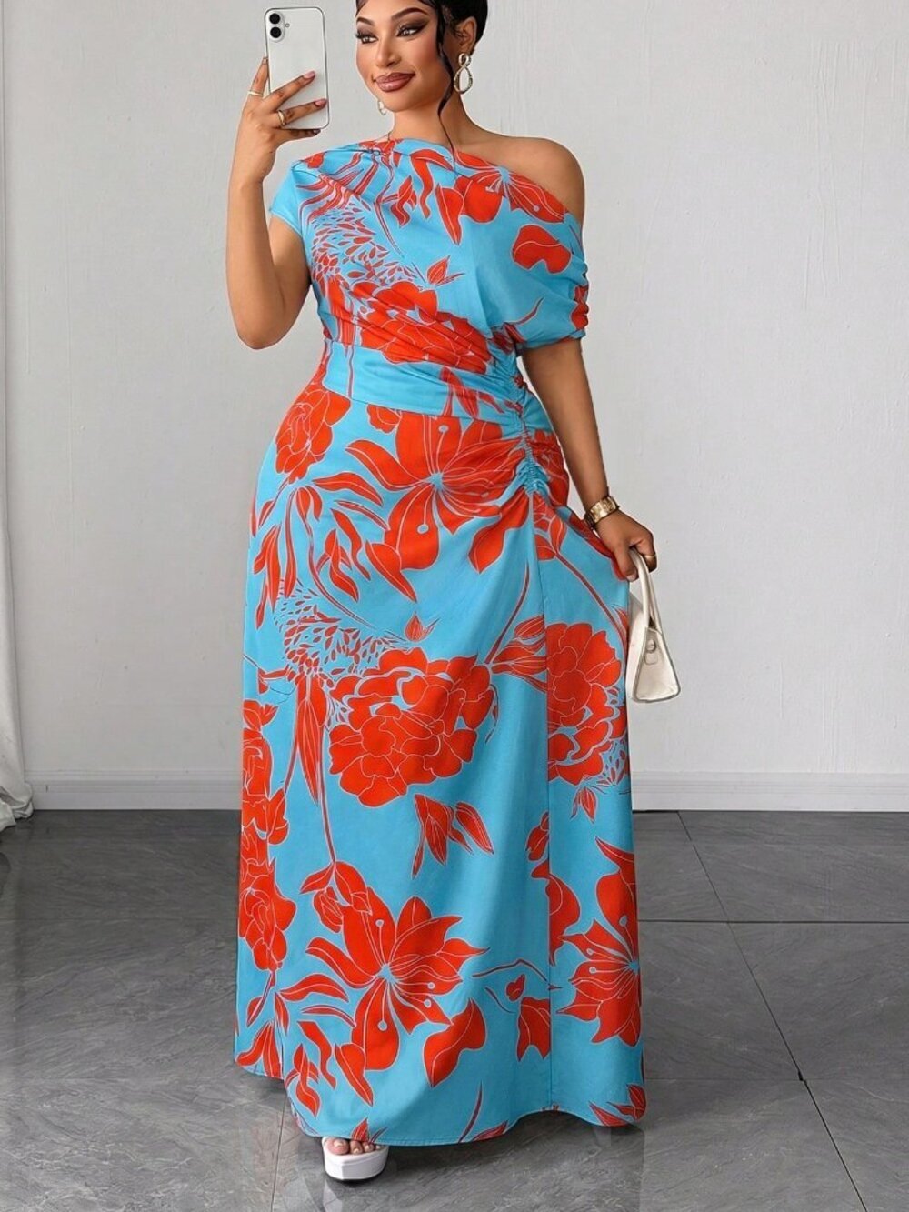 Women's Plus Size Floral Print Asymmetrical Shoulder Ruched Waist Dress
